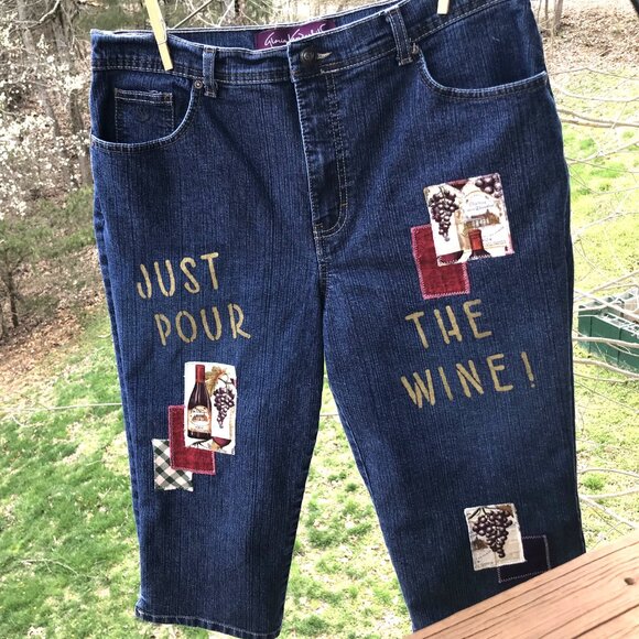 Upcycled Gloria Vanderbilt Patchwork Denim Capris Shorts, Painted Wine Theme, 14 - Picture 4 of 14